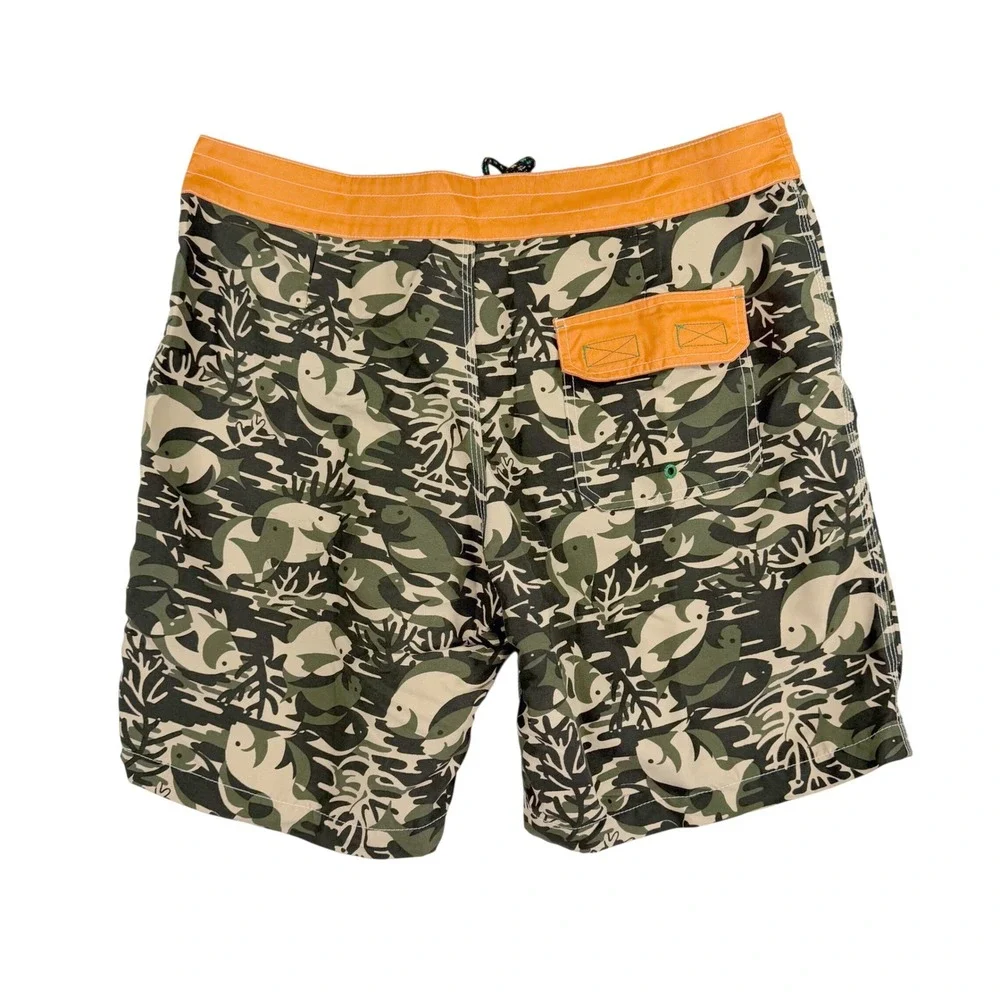 Sperry Board Shorts‎ Mens 36 Green Orange Fish Camo Print Swim Trunks Surf